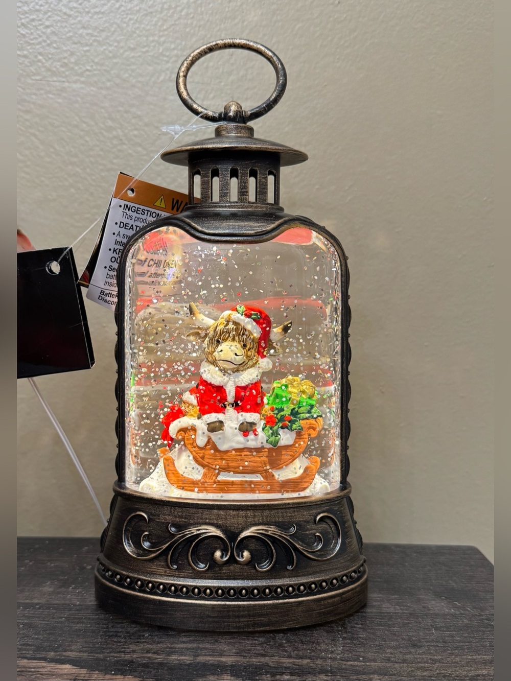 Festive  highland Cow in Sleigh Holiday Water Globe Lantern - Red